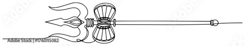 Trishula the divine trident of Lord Shiva with a damaru drum. Hindu religious symbol in a continuous one line drawing style. Vector illustration.