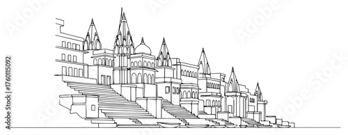 Varanasi city on the banks of the Ganges river in India. Famous sacred ghats in a continuous one line drawing style. Vector landmark illustration.