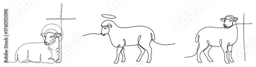 Lamb of God (Agnus Dei) set. Christian symbol of Jesus Christ in a continuous one line drawing style. Easter minimalist vector illustration.