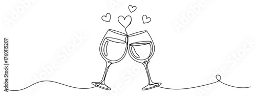 Two glasses of wine clinking in a toast with love hearts. Romantic date or celebration in a continuous one line drawing style. Vector illustration.