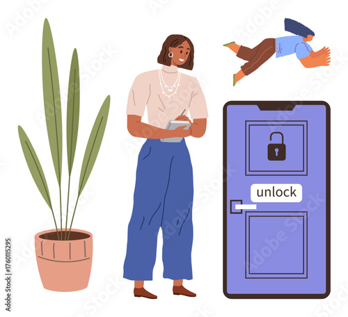 Woman holding clipboard beside locked door labeled unlock with a flying person overhead. Ideal for success, opportunity, progress, freedom, problem-solving, creativity, empowerment. Simple flat