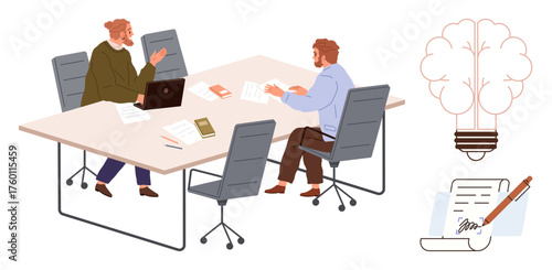 Two coworkers discussing ideas at a desk with documents, laptop, books, light bulb, and paper. Ideal for teamwork, brainstorming, creativity collaboration business innovation education. Simple