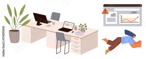 Contemporary office desk with laptop, documents, plant, chair, person lying down. Ideal for workplace stress, exhaustion, burnout, work-life balance deadlines productivity simple flat metaphor