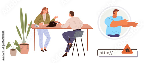 Two colleagues at a table discussing cybersecurity, next to malware warning signals. Ideal for teamwork, cybersecurity awareness, online safety, workplace collaboration, IT training, risk management