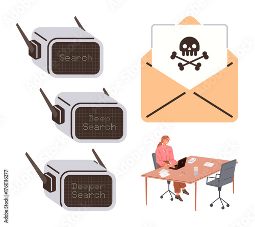 Email with cyber threat warning, advanced scanning devices, and person analyzing data. Ideal for digital security, antivirus software, data analysis, cybercrime, spam prevention, tech tips simple