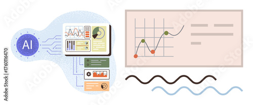 AI-driven data visuals including bar graphs, pie charts, and line graphs connected by circuits. Ideal for technology, analytics, machine learning, decision-making, innovation, education