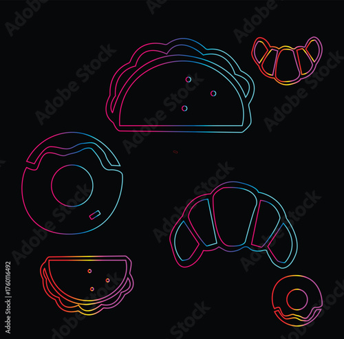 Colorful Outlines of Food Items on Black Background