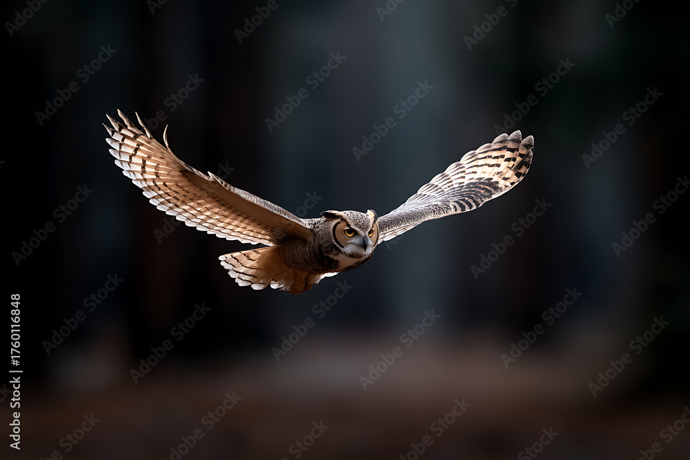 Obraz premium nature photography, detailed owl in forest, intense lighting, cinematic