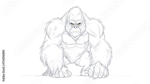 Frontal view of a white gorilla sketched with sharp lines and strong muscle definition