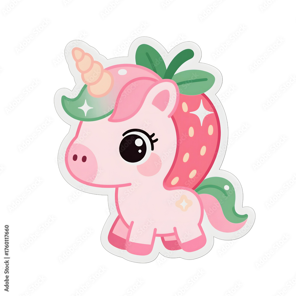 Fototapeta premium Cute Kawaii Strawberry Unicorn with Pink Body and Green Leaves