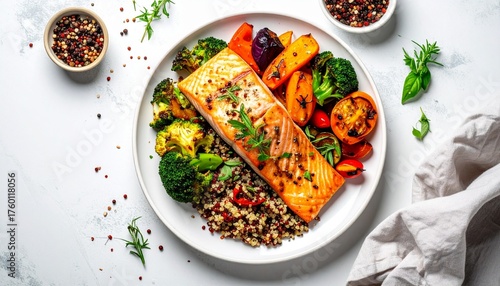 Vue de dessus d'un repas équilibré : filet de saumon grillé, quinoa, brocolis et légumes rôtis, pour une alimentation saine