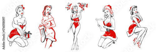 Vintage Christmas pin-up girl illustrations in red festive outfits — retro holiday art collection