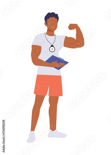 Fitness, Gym trainer with workout notes in hand. Stock Illustration
