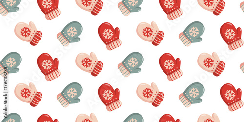 Seamless pattern with cartoon winter mittens in red, green and beige. Vector cozy holiday background. 