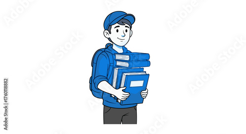 Vector  illustration of a student carrying a stack of books wearing a cap and a backpack in blue tones