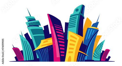 Vector  illustration of a colorful city skyline with various buildings and skyscrapers in vibrant hues
