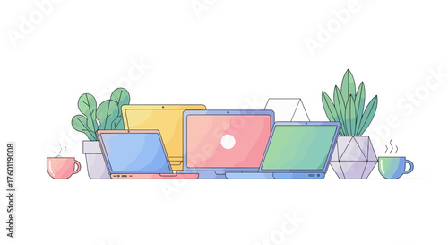 Vector  illustration of multiple laptops and tablets arranged with plants and coffee cups in a row format