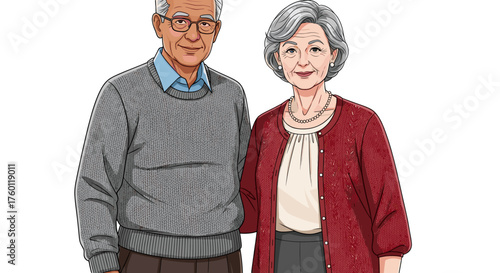 Vector  illustration depicting an elderly couple standing side by side in casual attire smiling gently