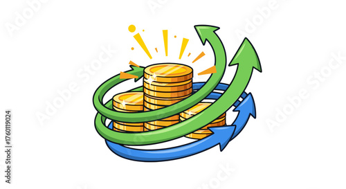 Vector  stack of golden coins surrounded by green and blue arrows indicating growth and circulation