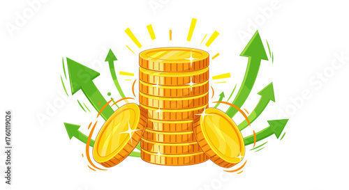 Vector  stack of golden coins with upward pointing green arrows indicating growth and prosperity shown