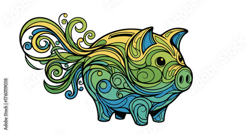Vector  stylized piggy bank with ornate swirls in shades of yellow green and blue on a light area