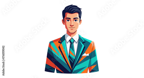 Vector  illustration of a man in a colorful striped suit with a tie and dark hair smiling gently