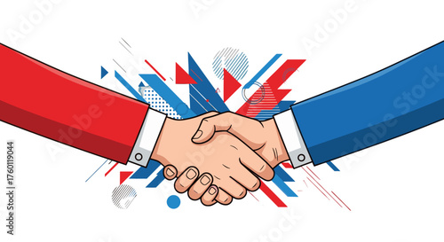 Vector  illustration of a handshake between two individuals with geometric shapes in the distance