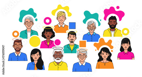 Vector  diverse group of people with halos and colorful shapes floating around their heads and shoulders