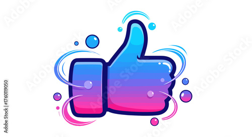 Vector  illustration of a thumbs up gesture with a gradient from blue to pink and water droplet accents