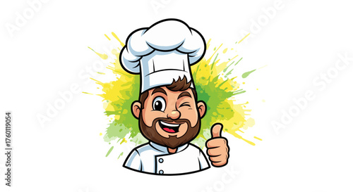 Vector  cartoon chef winking and giving a thumbs up in front of a green and yellow watercolor splash