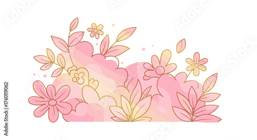 Vector  illustration of a cluster of pink flowers and leaves with watercolor style fill effect design