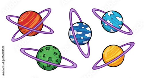 Vector  illustration of five cartoon planets with rings in various colors and textures isolated