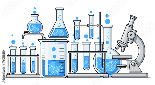 Vector  illustration of laboratory glassware including beakers flasks test tubes and a microscope setup