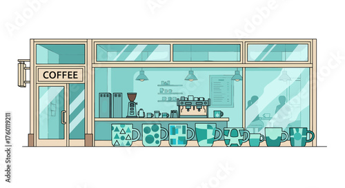 Vector  a coffee shop facade with mugs displayed in the window and coffee making equipment inside