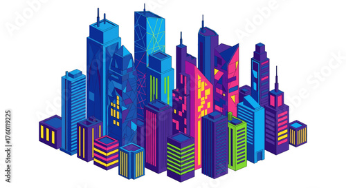 Vector  isometric illustration of a cityscape with tall buildings and vibrant colorful lighting