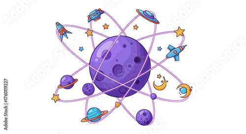 Vector  cartoon illustration of a purple planet surrounded by spaceships and smaller planets orbit