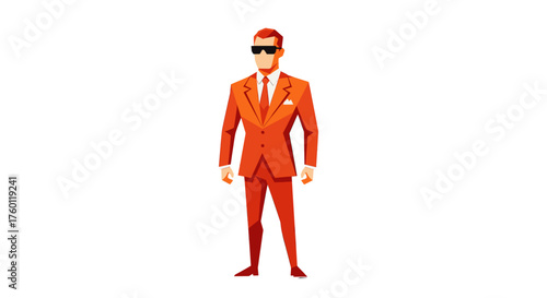 Vector  illustration of a man standing wearing an orange suit and black sunglasses with a tie and pocket square