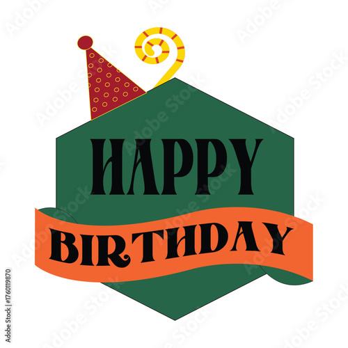 Happy Birthday Party Badge Vector: Geometric Hexagon Label with Ribbon Banner, Party Hat, and Swirl for Celebration Greeting Card and Invitation Design.