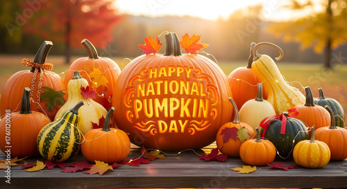 Happy National Pumpkin Day text carved on an illuminated pumpkin with autumn gourds