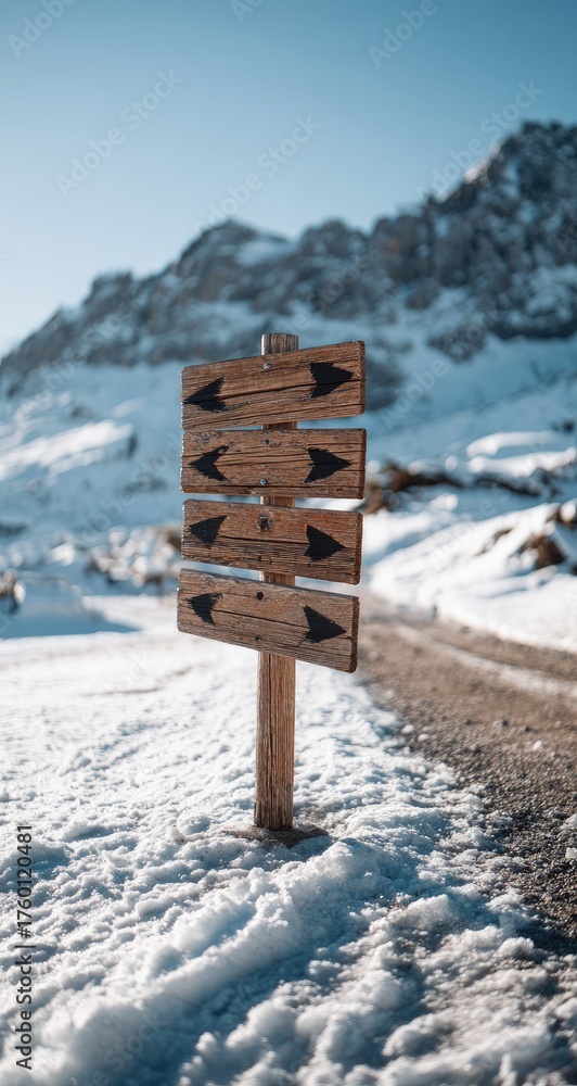 Naklejka premium Rustic wooden trail signpost with directional arrows, standing in snowy mountain landscape under a clear blue sky