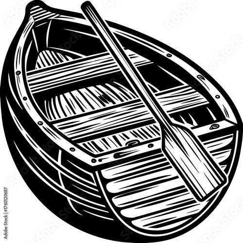 Classic Rowing Boat Illustration: A detailed black and white illustration of a classic wooden rowboat, featuring the oar resting inside, ready for a serene journey on the water.