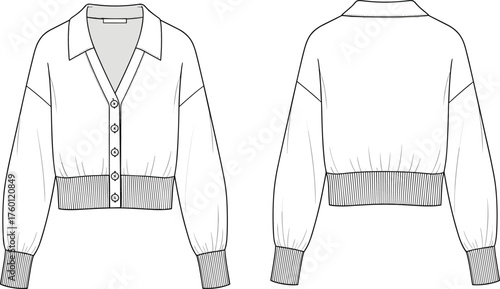 Fashion flat sketch, cad drawing flat vector, women cardigan sweater, V neck design, button front, ribbed cuffs, garment construction, apparel illustration