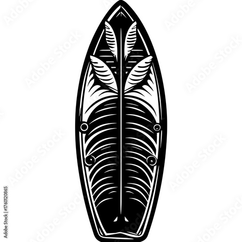 Abstract Surfboard Design: An artistic surfboard showcases a creative design with intricate details, presented in a striking black and white scheme, it embodies the spirit of surfing and art.