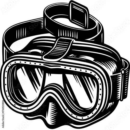 Underwater Vision: A classic scuba mask, essential for underwater exploration, sits ready for adventure, the lenses reflecting the anticipation of the deep.