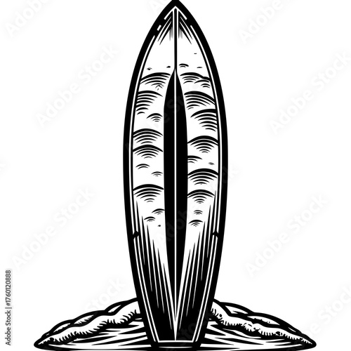 Surfboard Illustration: A vintage-style illustration showcases a surfboard standing upright on a sandy beach, evoking a sense of adventure, freedom, and the allure of the ocean waves.