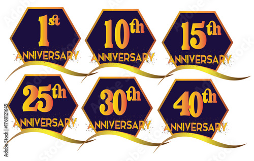 Luxury Gold Anniversary Logo Set: Elegant Hexagon Badges with Golden Gradient Numbers and Ribbons for Milestone Celebrations (1st, 10th, 25th, 40th).