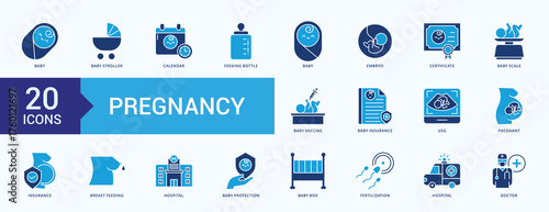Pregnancy icon collection flat blue set with baby, baby stroller, calendar, feeding bottle, baby, embryo, certificate