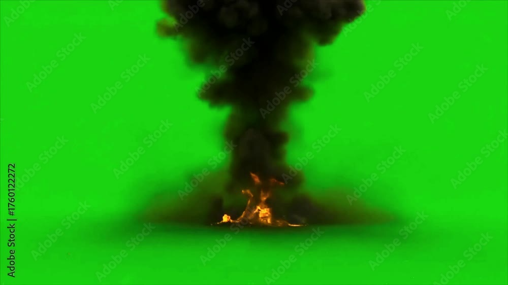Offering Effect Intense fiery explosion with rising smoke against vibrant green screen ...