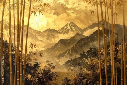 竹と山を描いた真鍮レリーフ