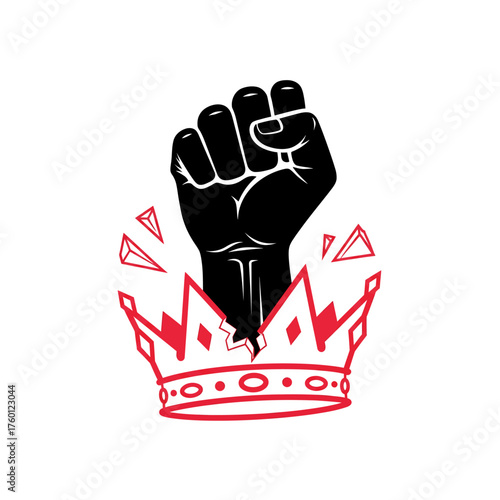 Raised fist breaking through a crown, symbolizing rebellion and overthrow of power.